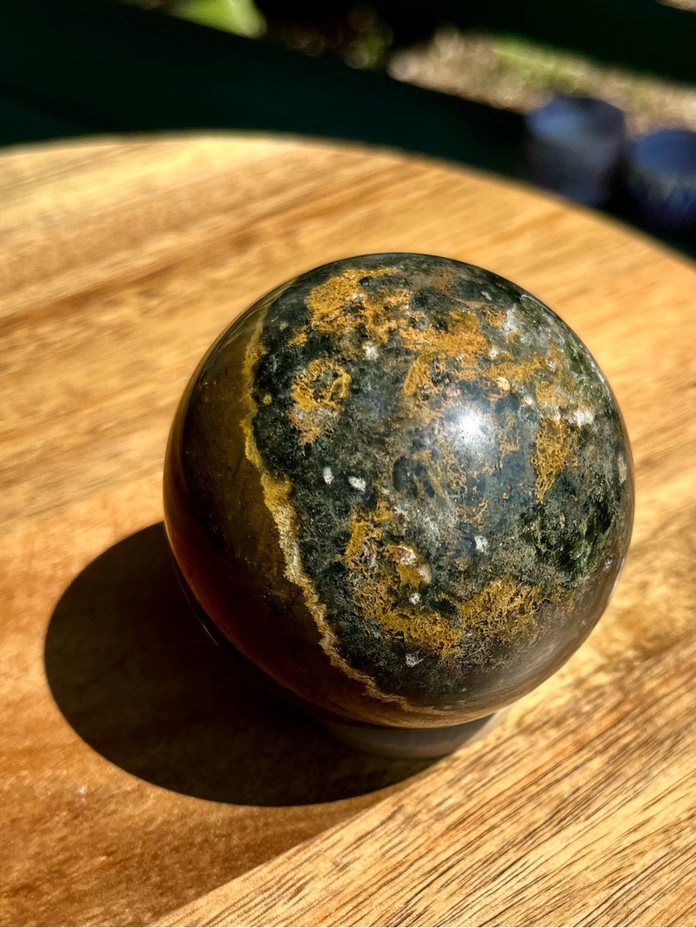 Polished Ocean Jasper Green and Gold Decorative Stone Sphere with stand